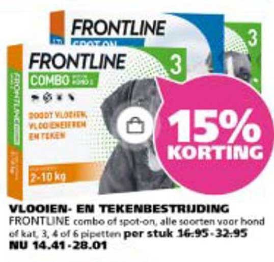 Vlooien- en tekenbestrijding FRONTLINE combo of spot-on, alle soorten voor hond of kat, 3, 4 of 6 pipetten per stuk