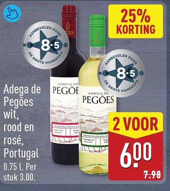 Adega de Pegões wit, rood en rosé, Portugal 0.75 l. Per stuk 3.00. 2 VOOR 6.00 25% KORTING
