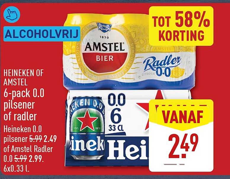 Heineken of Amstel 6-pack 0.0 pilsener of radler TOT 58% KORTING