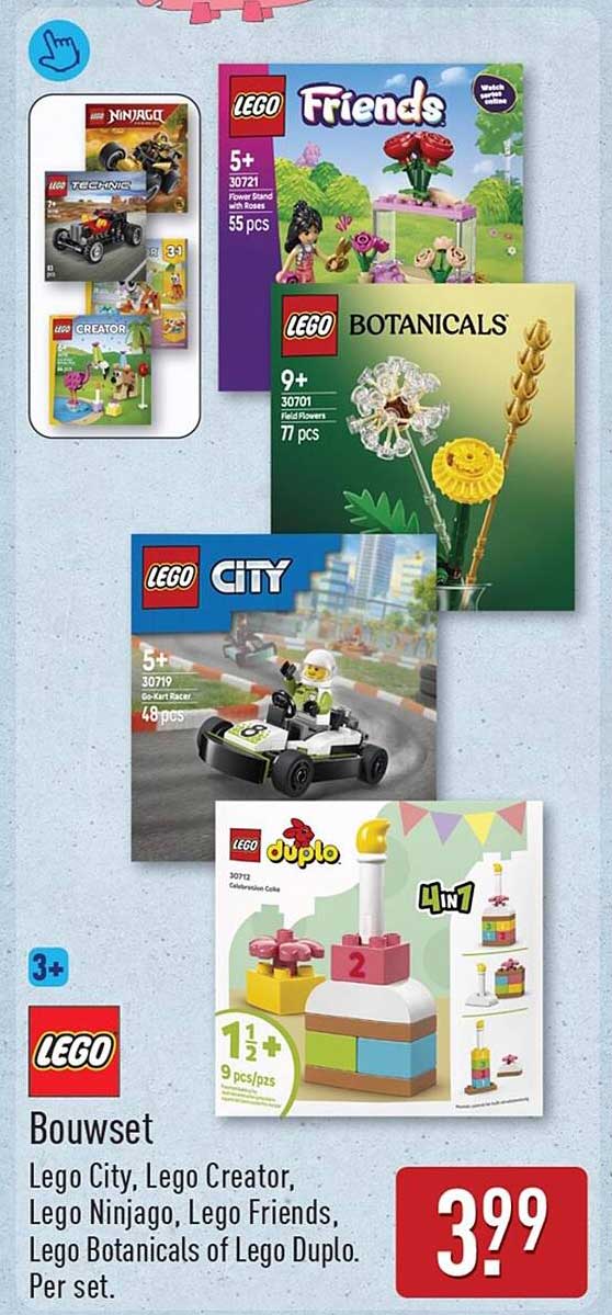 Lego Bouwset Lego City, Lego Creator, Lego Ninjago, Lego Friends, Lego Botanicals of Lego Duplo. Per set.