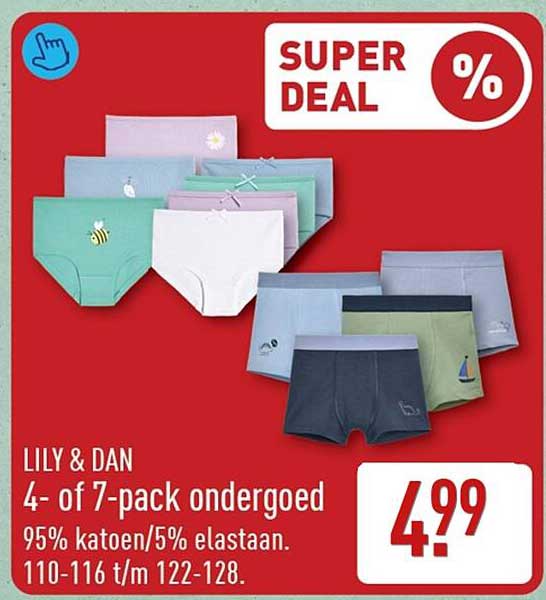 LILY & DAN 4- of 7-pack ondergoed 95% katoen/5% elastaan. 110-116 t/m 122-128.
