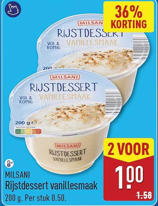 MILSANI Rijstdessert vanillesmaak 200 g 2 VOOR 1.00 36% KORTING