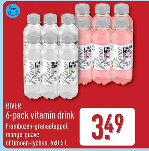 RIVER 6-pack vitamin drink Frambozen-granaatappel, mango-guave of limoen-lychee. 6x0.5 l.