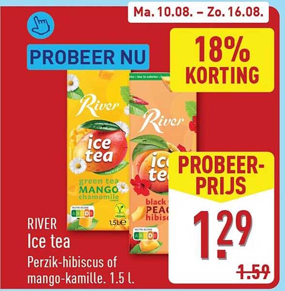 RIVER Ice tea Perzik-hibiscus of mango-kamille. 1.5 l. 18% KORTING