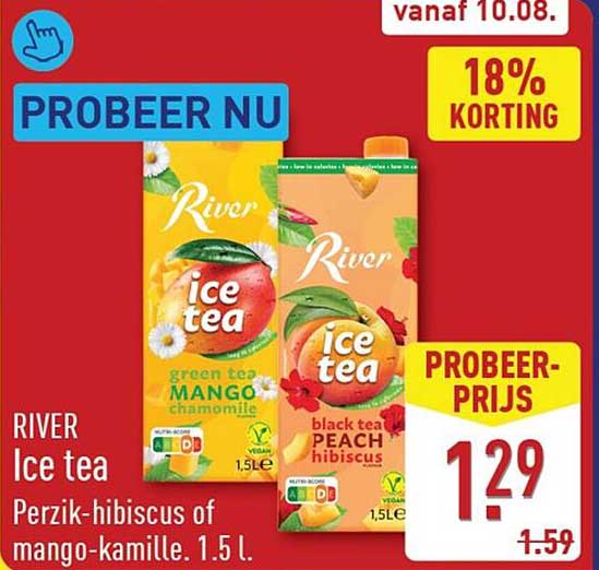 RIVER Ice tea Perzik-hibiscus of mango-kamille, 1,5 L PROBEER NU