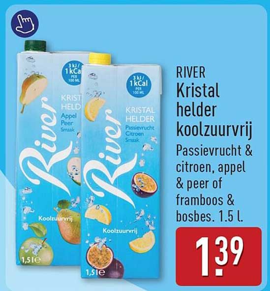 RIVER Kristal helder koolzuurvrij Passievrucht & citroen, appel & peer of framboos & bosbes. 1.5 l.