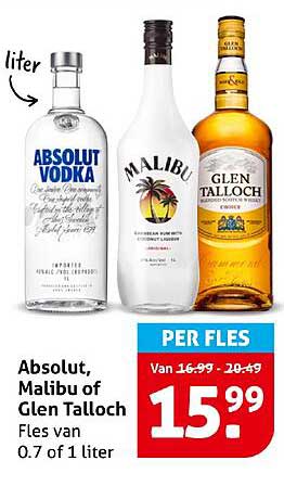 Absolut, Malibu of Glen Talloch Fles van 0.7 of 1 liter