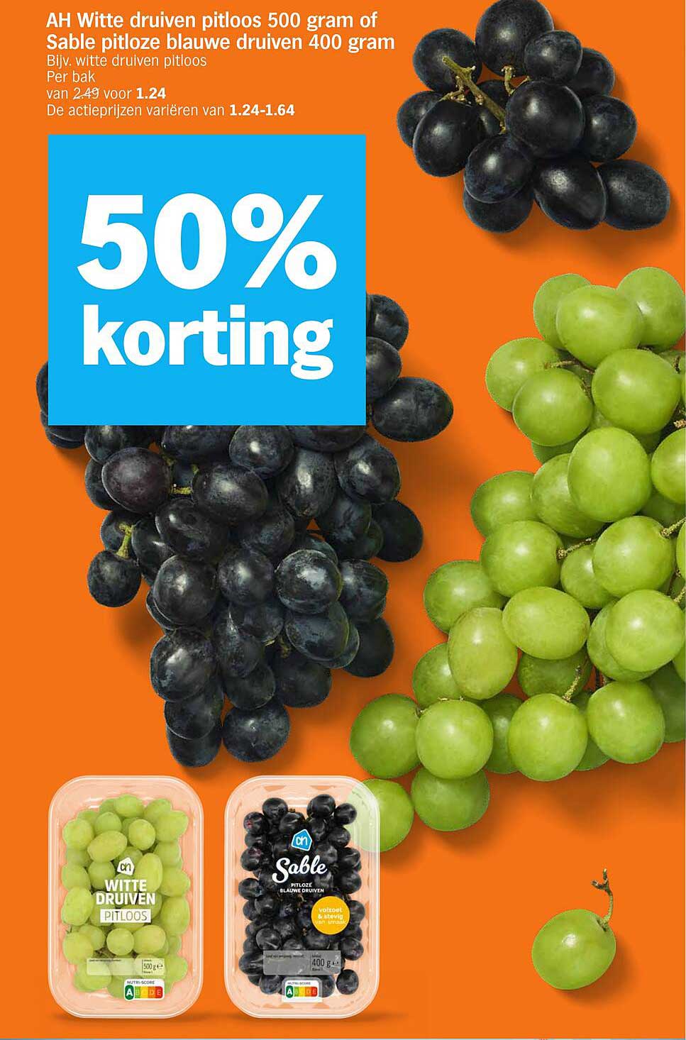 AH Witte druiven pitloos 500 gram of Sable pitloze blauwe druiven 400 gram