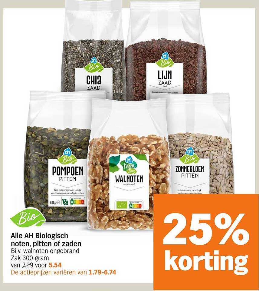 Alle AH Biologisch noten, pitten of zaden Bijv. walnoten ongebrand Zak 300 gram van 7.39 voor 5.54