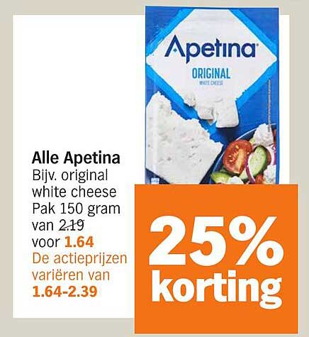Alle Apetina Bijv. original white cheese Pak 150 gram