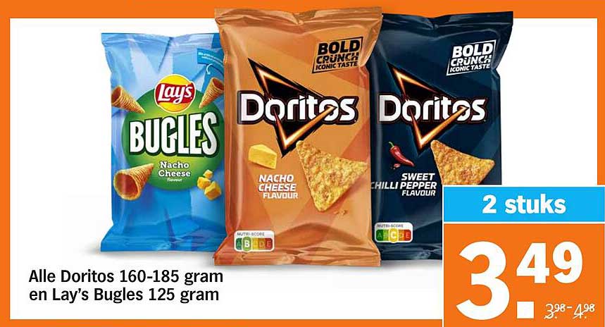 Alle Doritos 160-185 gram en Lay's Bugles 125 gram