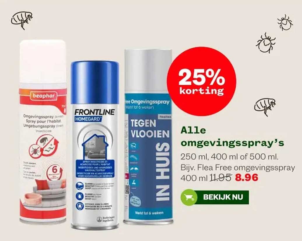Alle omgevingsspray’s 250 ml, 400 ml of 500 ml. Bijv. Flea Free omgevingsspray 400 ml