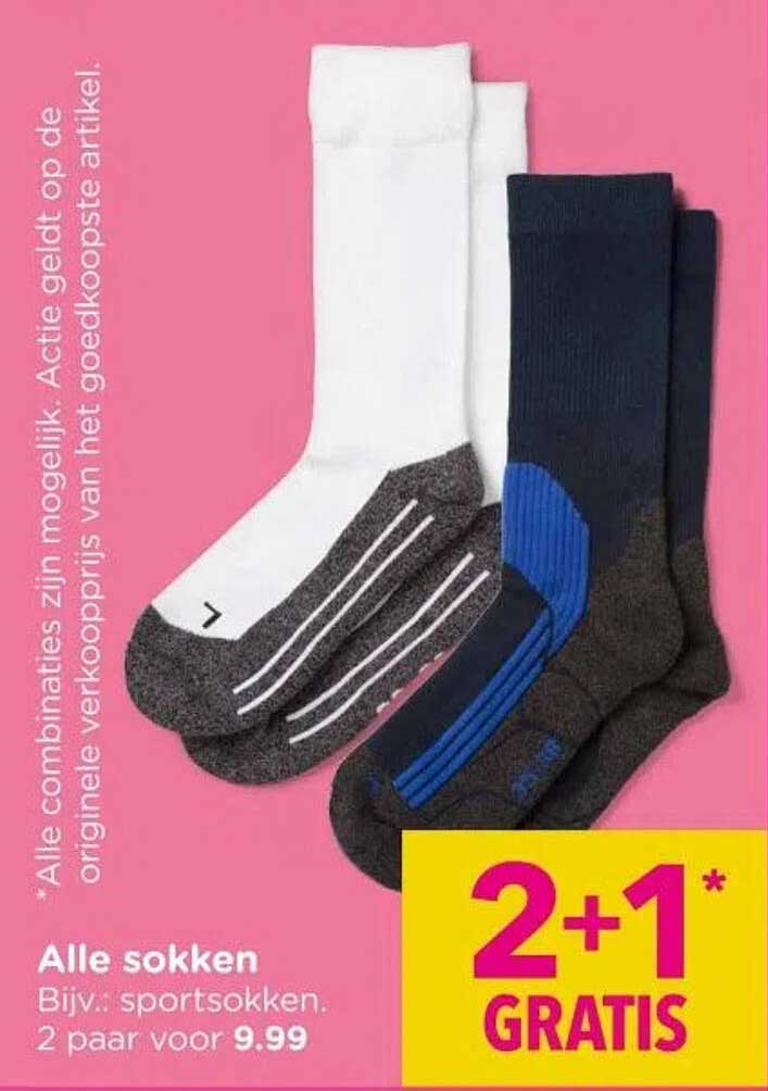 Alle sokken Bijv.: sportsokken. 2 paar voor 9.99