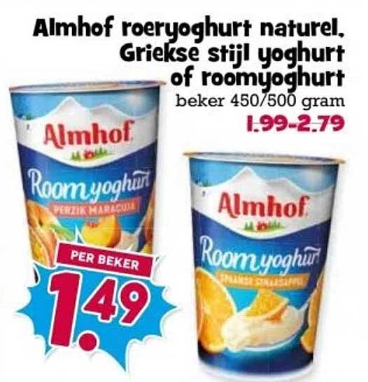 Almhof roeryoghurt naturel, Griekse stijl yoghurt of roomyoghurt bekers 450/500 gram