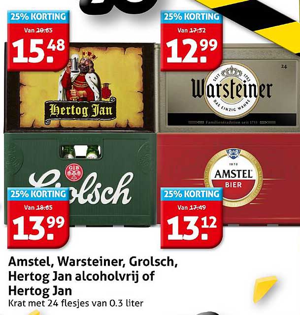 Amstel, Warsteiner, Grolsch, Hertog Jan alcoholvrij of Hertog Jan
