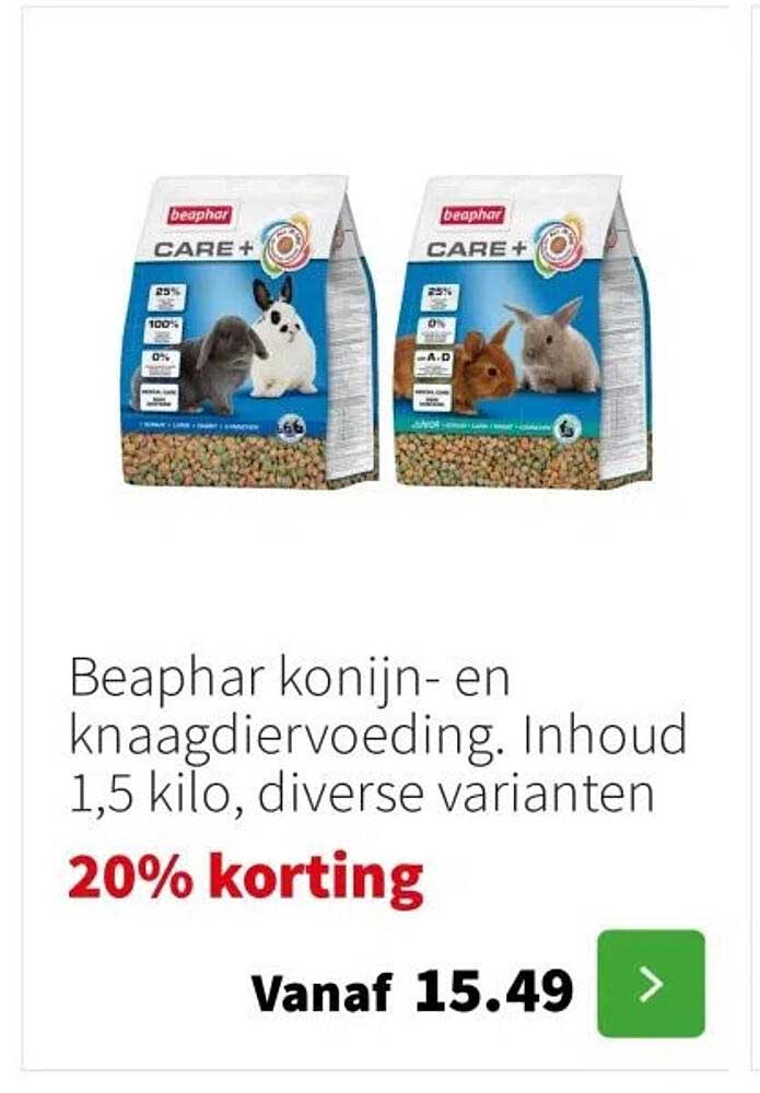 Beaphar konijn- en knaagdiervoeding. Inhoud 1,5 kilo, diverse varianten
