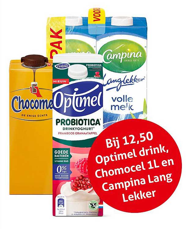 Bij 12,50 Optimel drink, Chocomel 1L en Campina Lang Lekker