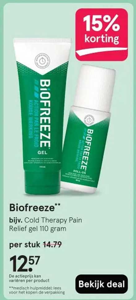 Biofreeze** bijv. Cold Therapy Pain Relief gel 110 gram