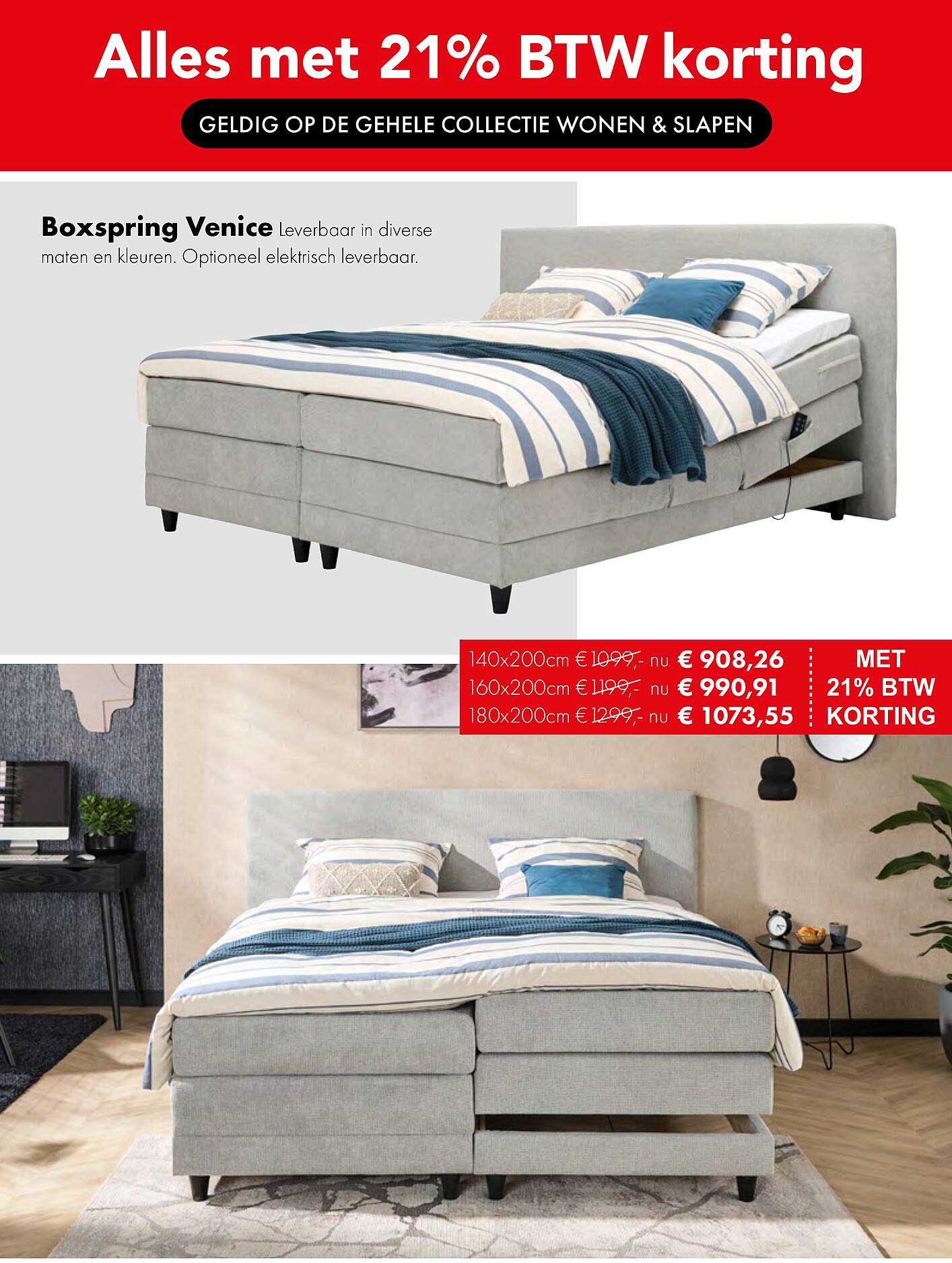 Boxspring Venice Leverbaar in diverse maten en kleuren. Optioneel elektrisch leverbaar.