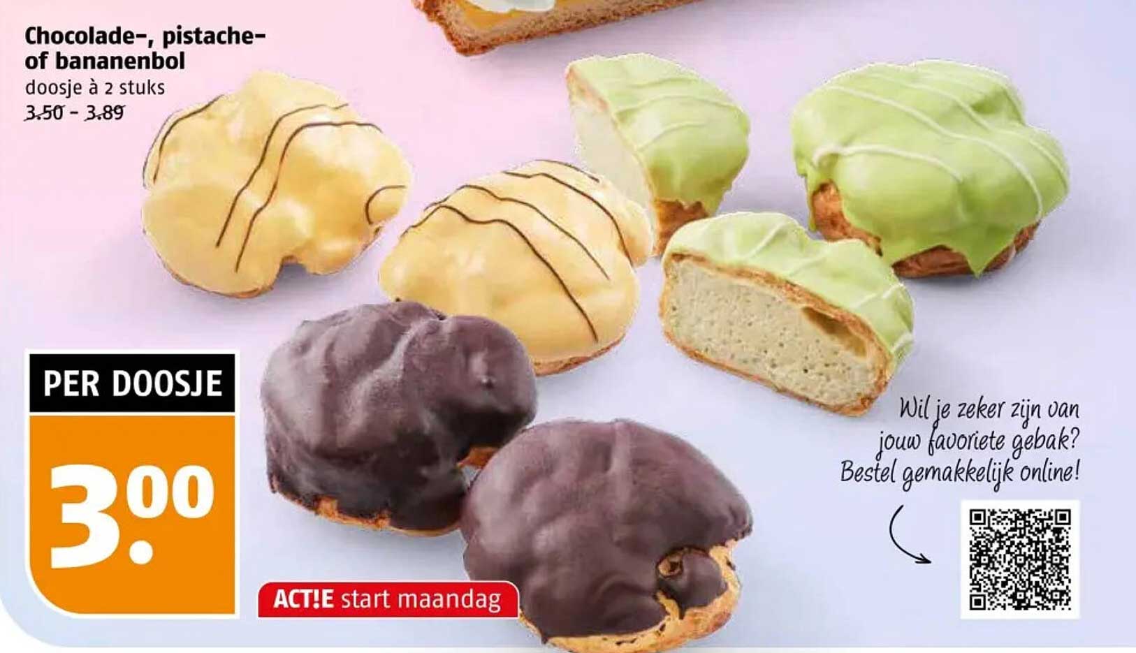 Chocolade-, pistache- of bananenbol dozie à 2 stuks