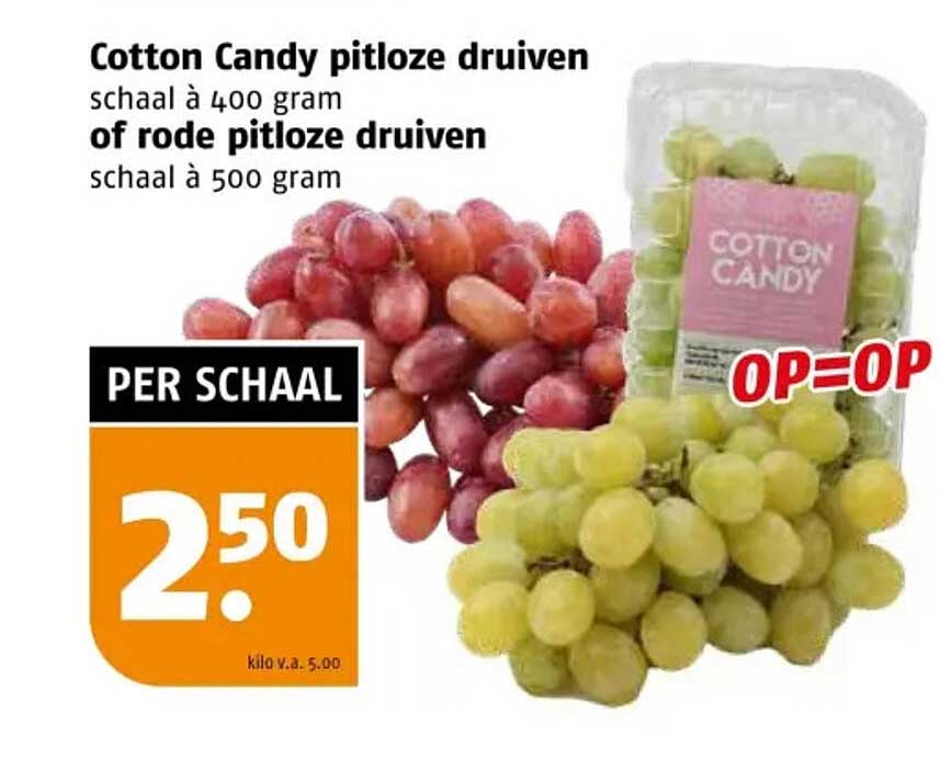 Cotton Candy pitloze druiven schaal à 400 gram of rode pitloze druiven schaal à 500 gram