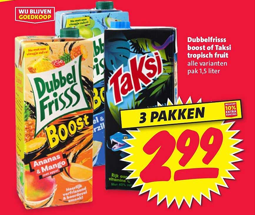 Dubbelfrisss boost of Taksi tropisch fruit alle varianten pak 1,5 liter