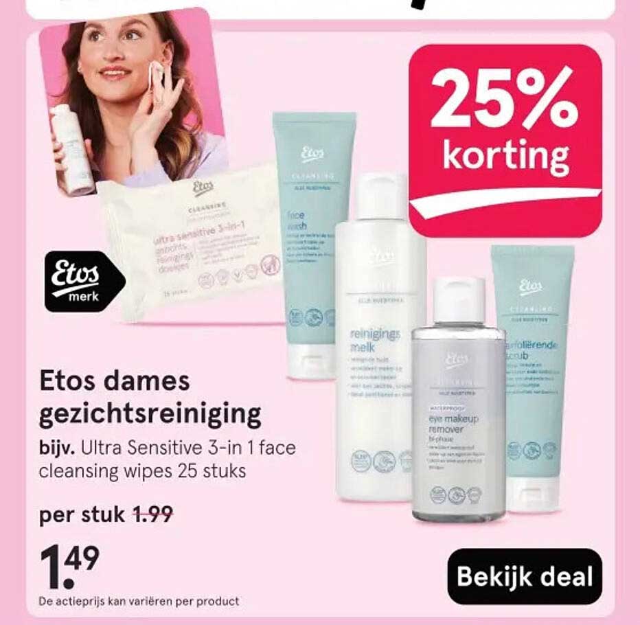 Etos dames gezichtsreiniging bijv. Ultra Sensitive 3-in-1 face cleansing wipes 25 stuks