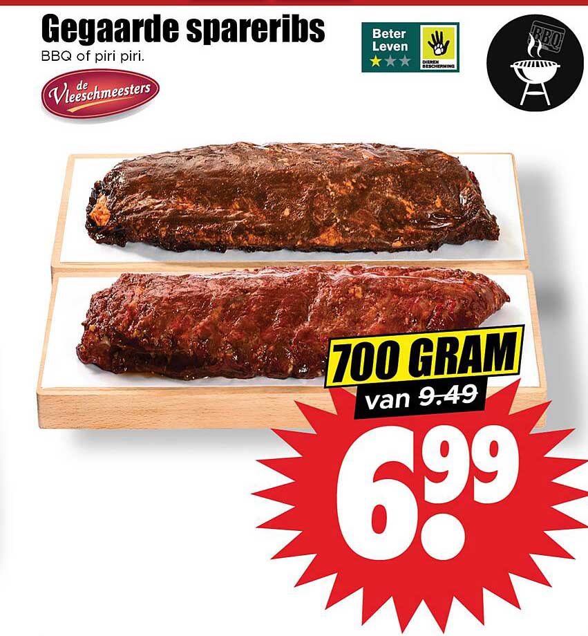 Gegaarde spareribs BBQ of piri piri.