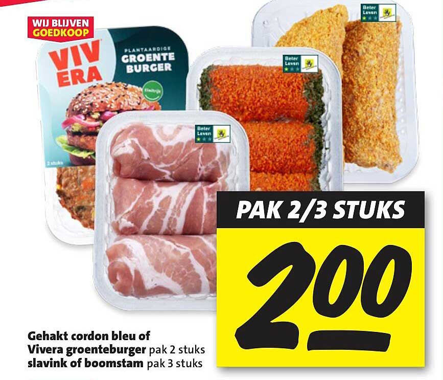Gehakt cordon bleu of Vivera groenteburger pak 2 stuks slavink of boomstam pak 3 stuks