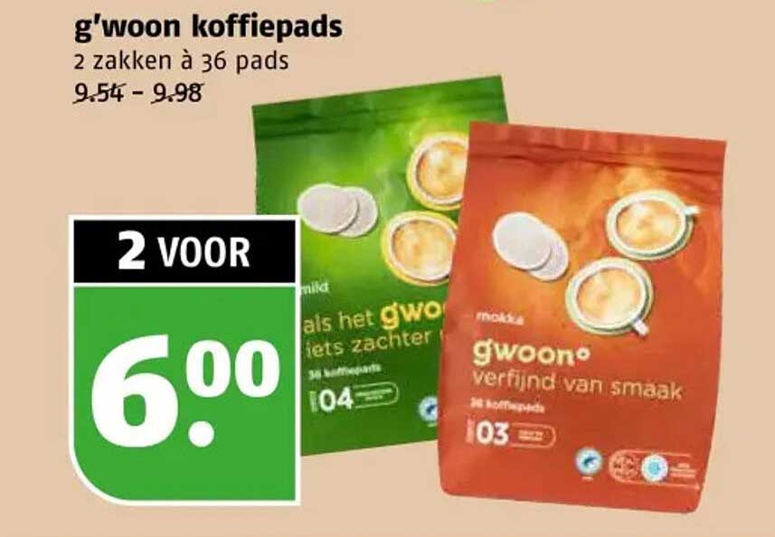 g'woon koffiepads 2 zakken à 36 pads