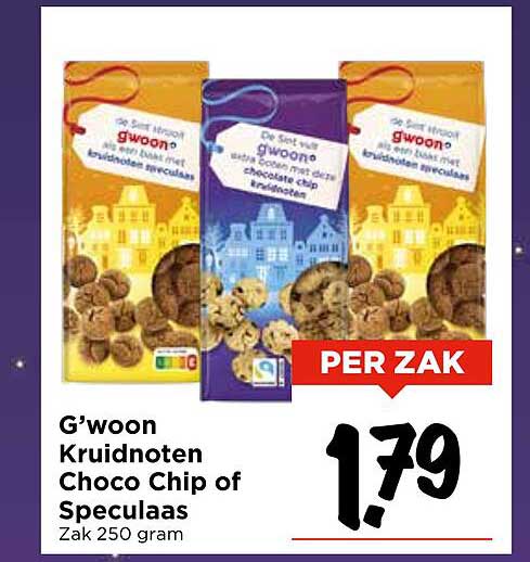 G’woon Kruidnoten Choco Chip of Speculaas Zak 250 gram