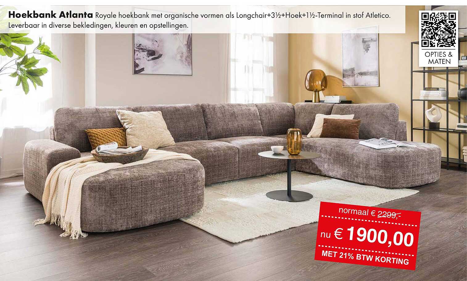 Hoekbank Atlanta Royale hoeken met organische vormen als Longchair+3½+Hoek+1½-Terminal in stof Atletico.