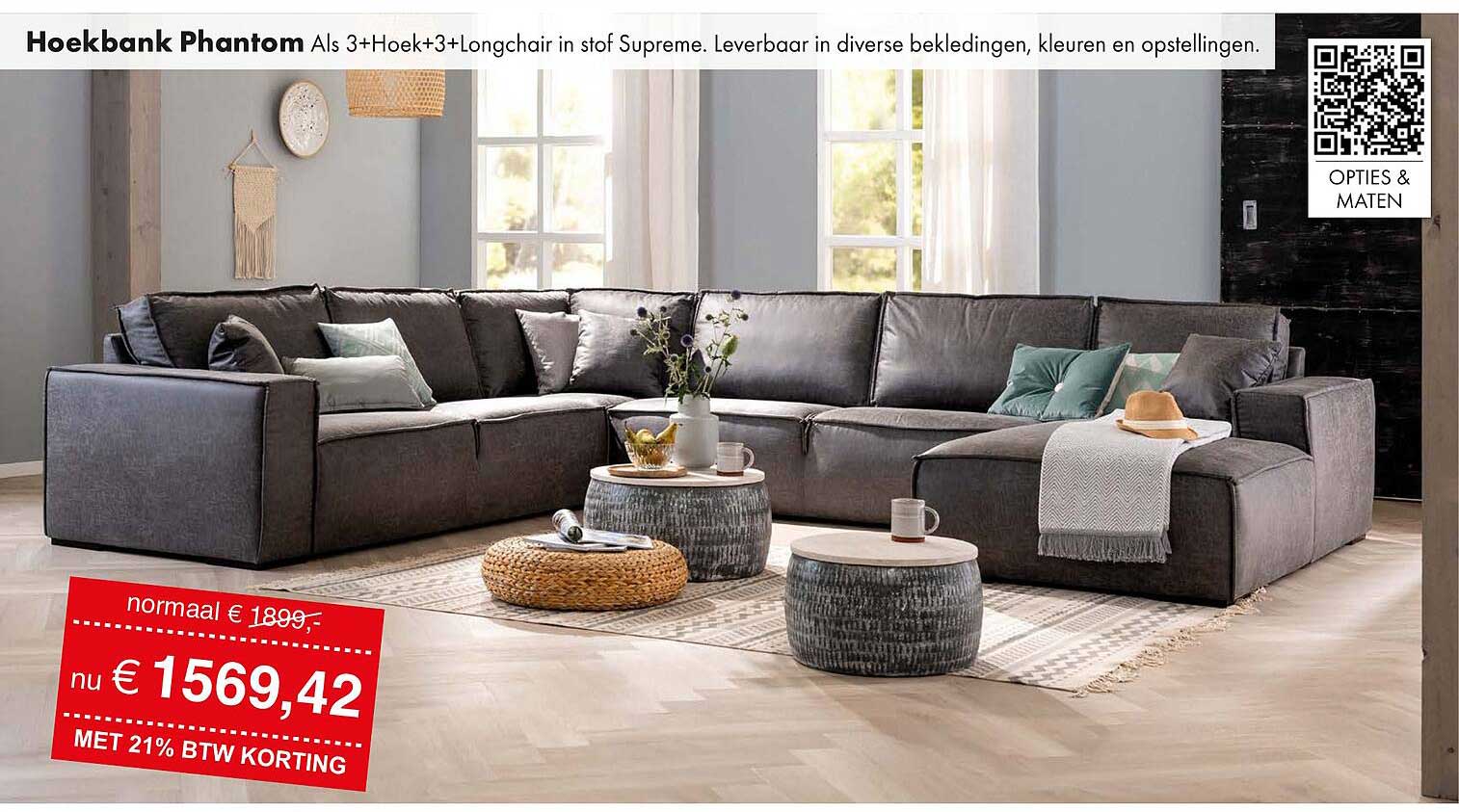 Hoekbank Phantom Als 3+Hoek+3+Longchair in stof Supreme. Leverbaar in diverse bekledingen, kleuren en opstellingen.