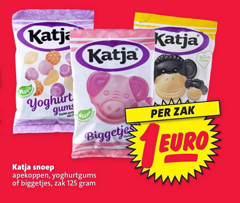 Katja snoep apenkoppen, yoghurtgums of biggetjes, zak 125 gram