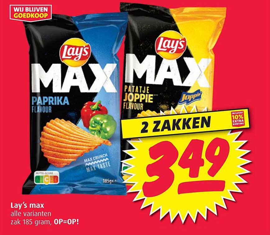 Lay’s max alle varianten zak 185 gram, OP=OP!