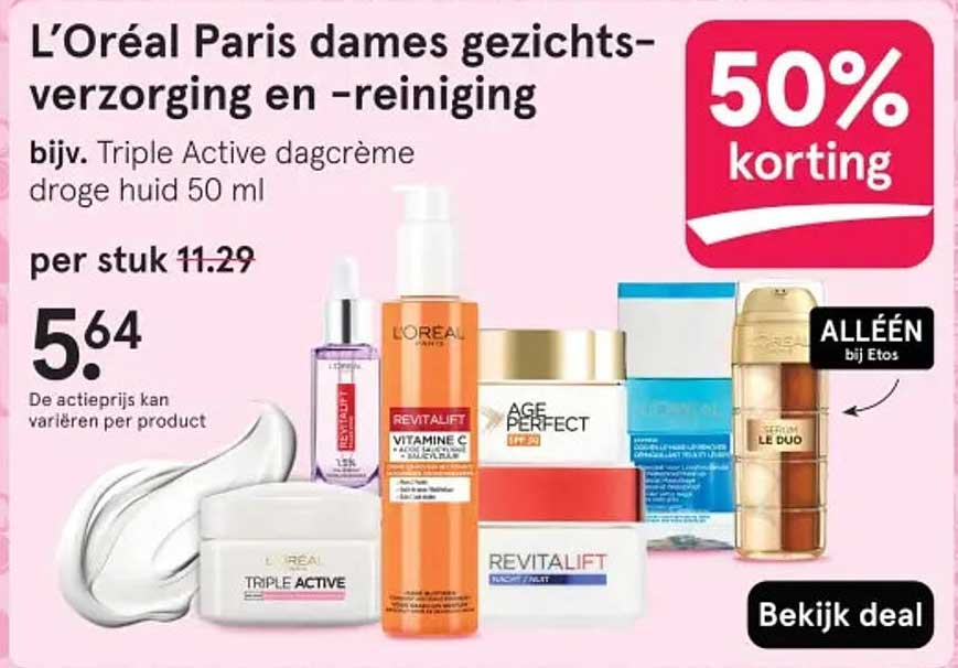 L'Oréal Paris dames gezichtsverzorging en -reiniging bijv. Triple Active dagcrème droge huid 50 ml