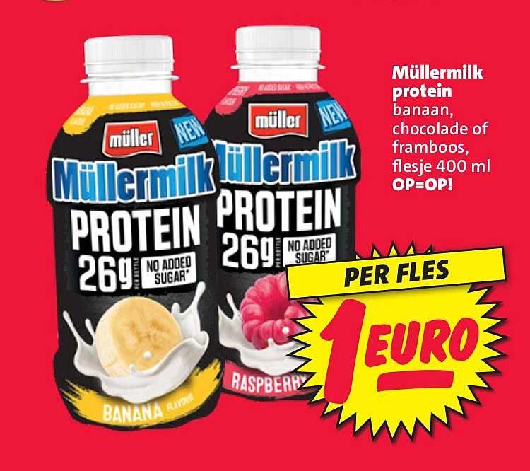 Müllermilk protein banaan, chocolade of framboos, flesje 400 ml