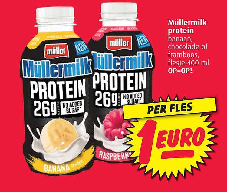 Müllermilk protein banaan, chocolade of framboos, flesje 400 ml