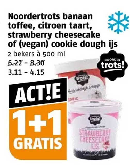 Noordertrots banaan toffee, citroen taart, strawberry cheesecake of (vegan) cookie dough ijs