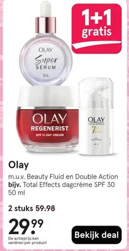 Olay m.u.v. Beauty Fluid en Double Action bijv. Total Effects dagcrème SPF 30 50 ml