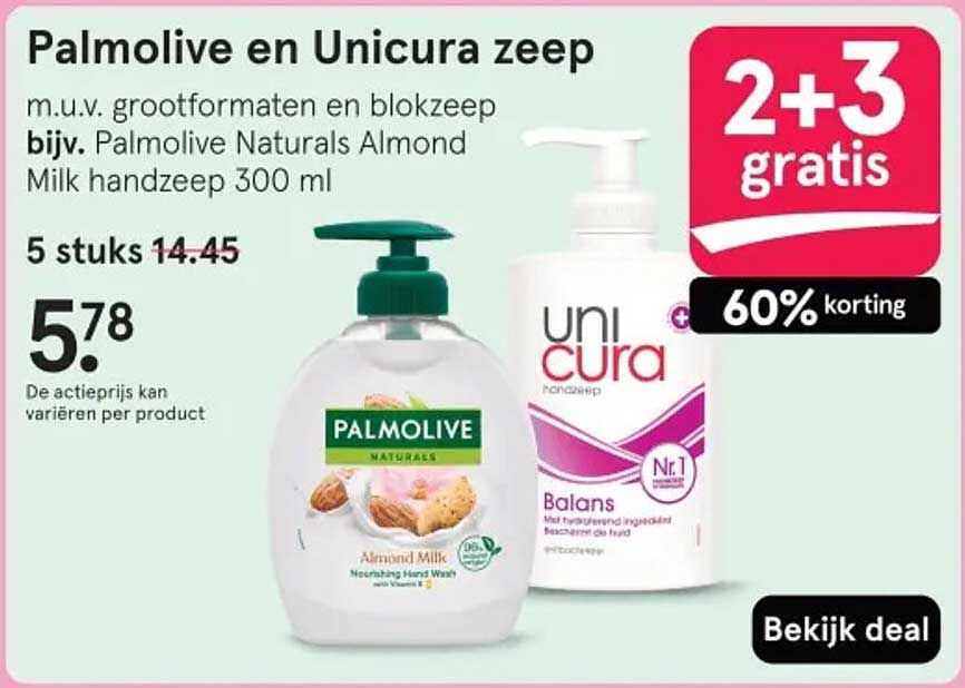 Palmolive en Unicura zeep m.u.v. groformaten en blokzeep bijv. Palmolive Naturals Almond Milk handzeep 300 ml