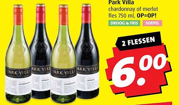 Park Villa chardonnay of merlot fles 750 ml, OP=OP!