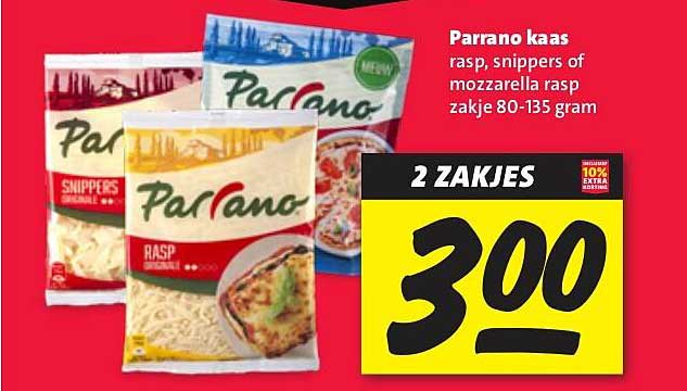 Parrano kaas rasp, snippers of mozzarella rasp zakje 80-135 gram