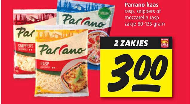Parrano kaas rasp, snippers of mozzarella rasp zakje 80-135 gram
