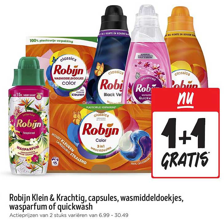 Robijn Klein & Krachtig, capsules, wasmiddeldoekjes, wasparfum of quickwash