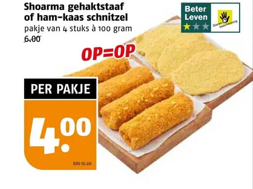 Shoarma gehaktstaaf of ham-kaas schnitzel pakje van 4 stuks à 100 gram