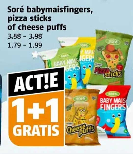 Soré babymaisfingers, pizza sticks of cheese puffs - 1+1 GRATIS