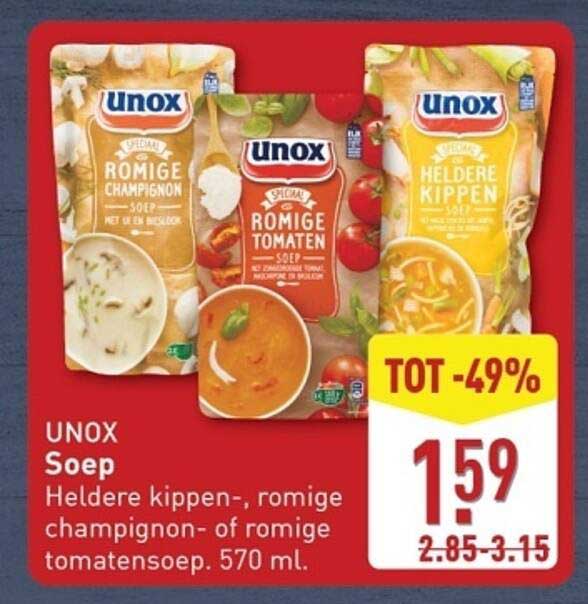 UNOX Soep:Heldere kippen-, romige champignon- of romige tomatensoep 570 ml.