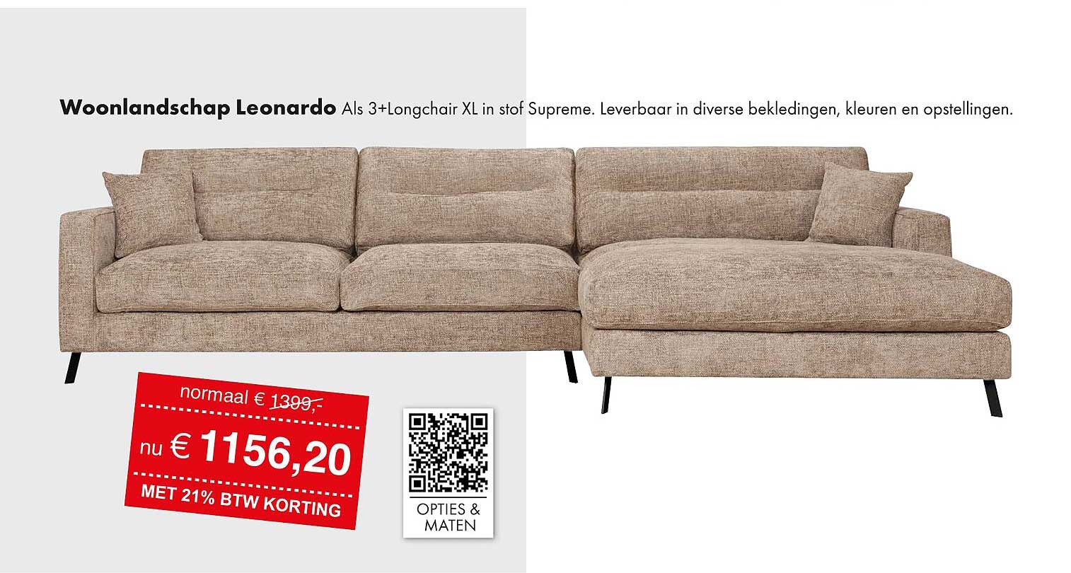 Woonlandschap Leonardo Als 3+Longchair XL in stof Supreme. Leverbaar in diverse bekledingen, kleuren en opstellingen.