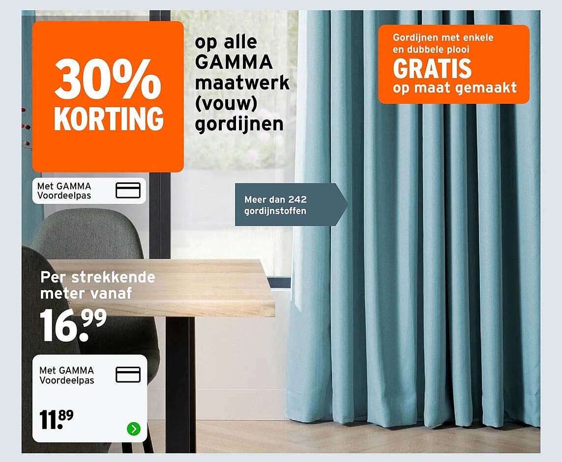 30% korting op alle GAMMA maatwerk (vouw) gordijnen